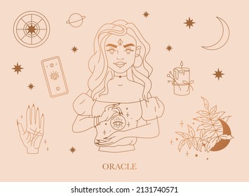 Celestial magic outline set with astrologer or diviner or palmist or gypsy. Mystic elements tarot cards, candles, moon, stars, hands. Vector stock illustration.