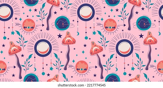 Celestial magic seamless pattern with boho sun. Mystic moon vector illustration. Magic celestial print. Astrology esoteric background