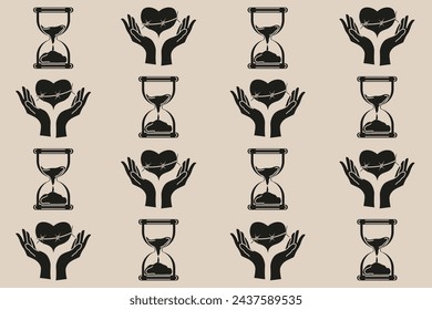 Celestial Magic seamless pattern in trendy Grunge retro style. Mystical wallpaper design. Black hand holding heart sandglass silhouette. T-shirt textile print. Vector illustration EPS 10 Editable  