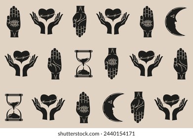 Celestial Magic seamless pattern in trendy Grunge retro style. Mystical wallpaper design. Black Fatima hand watchful eye heart sandglass silhouette. T-shirt print. Vector illustration EPS 10 Editable 