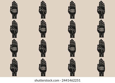 Celestial Magic seamless pattern in trendy Grunge retro style. Mystical Fatima hand Wallpaper design. T-shirt textile bed linen print. Vector illustration EPS 10 Editable 