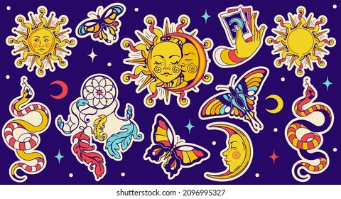 Celestial magic set of stickers. Isolated badges: moon, tarot cards, sun, boho dreamcatcher, butterfly. Mysterious retro isolated witchcraft