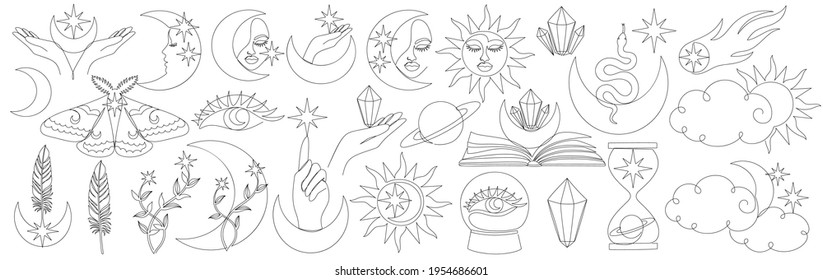 Celestial magic vector illustration of esoteric symbols. Beautiful set of mystic details in a line art style. Cosmic modern collection. 