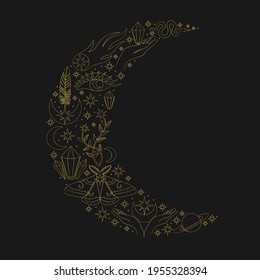 Celestial magic vector illustration of esoteric symbols. Beautiful set of mystic details in a shape on the moon in a line art style. Cosmic modern collection. Dark background.