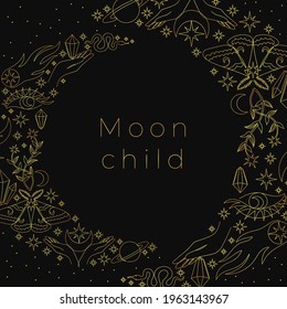 Celestial magic vector illustration of esoteric symbols. Beautiful set of mystic details in a shape on the moon in a line art style. Cosmic modern collection. Dark background.