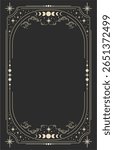 Celestial magical background for astrology, tarot. Black postcard with a frame in a bohemian design, stars, copy space. Magic vector illustration