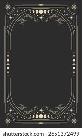 Celestial magical background for astrology, tarot. Black postcard with a frame in a bohemian design, stars, copy space. Magic vector illustration