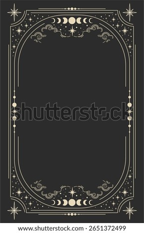 Celestial magical background for astrology, tarot. Black postcard with a frame in a bohemian design, stars, copy space. Magic vector illustration