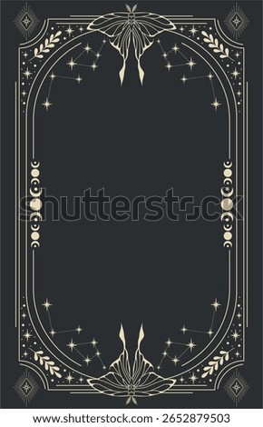 Celestial magical background for astrology, tarot. Black postcard with a frame in a bohemian design, moth, stars, copy space. Magic vector illustration