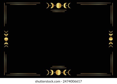 Celestial magical border. golden frame with stars, moon phases, crescents, and copy space. Vector mystic linear background with place for text.