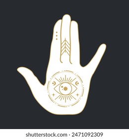 Celestial magical hand with a sacred eye symbol. Mystical boho concept. Vector illustration