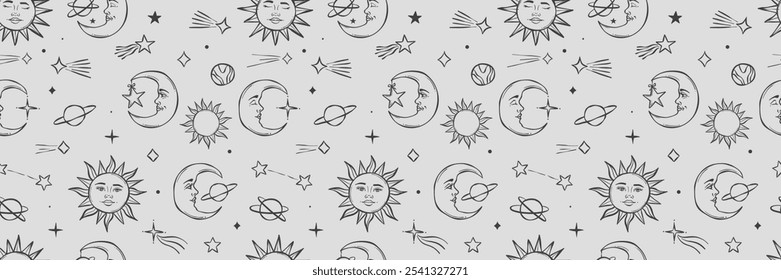 Celestial magical vector banner, sun and moon cosmic repeat pattern, esoteric spiritual horizontal background design
