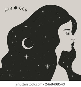 Perfil de mujer celestial mágica en estilo boho. Decorado con una media luna y estrellas. Ilustración vectorial