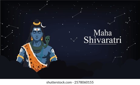 A celestial Maha Shivaratri artwork featuring Lord Shiva against a starry cosmic backdrop. The illustration captures his divine presence with the crescent moon, serpent