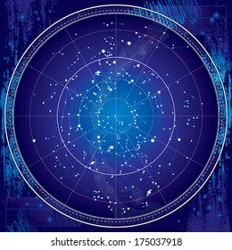 Celestial Map of The Night Sky. Astronomical Chart of Northern Hemisphere. (Ultraviolet Blueprint version EPS-8).