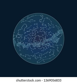 Celestial map of the night sky. Vector starry hemisphere austral. Stars on the deep blue background. Planisphere and constellations.