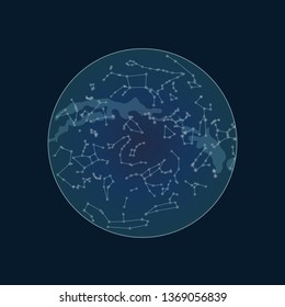 Celestial map of the night sky. Vector starry hemisphere boreal. Stars on the deep blue background. Planisphere and constellations.