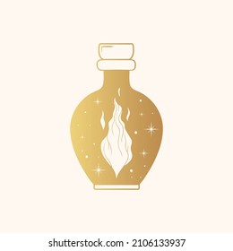 Celestial mason jar with stars and fire. Golden bottle silhouette isolated on white. Hand drawn vector illustration for witchcraft.