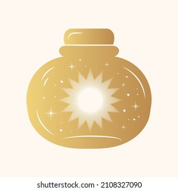 Celestial mason jar with stars and the sun. Golden bottle silhouette isolated on white. Hand drawn vector illustration for witchcraft.