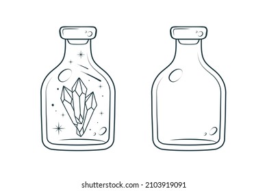 Celestial Mason Jars With Stars And Crystal. Magic Bottles Isolated On White. Hand Drawn Design Elements  For Wichcraft.