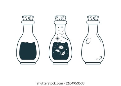 Celestial mason jars with stars and flower. Bottle silhouette with rose isolated on white. Hand drawn vector illustration.