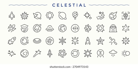 Conjunto de ícones celestiais modernos. Conjunto de ícones de linha de vetor de planeta. Contornar ícones em estilo linear. Contém símbolos de contorno como planeta, galáxia, asteroide e muito mais. Ilustração e arte vetorial.