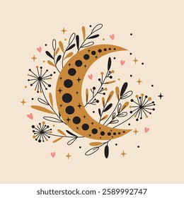 Celestial moon and abstract botanical branches. Trendy boho style.