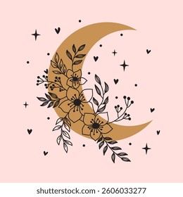 Celestial moon and abstract botanical branches. Trendy boho style.