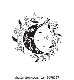 Celestial moon and abstract botanical branches. Trendy boho style.