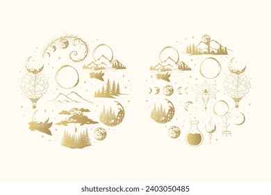 Celestial moon collection. Two mystical vector illustrations for greeting card, t-shirt and label