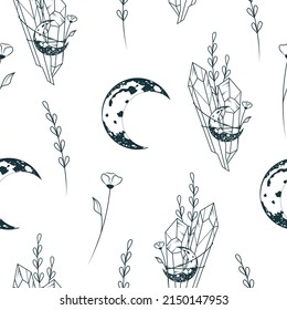 Celestial moon crystals and floral seamless pattern. Hand drawn linear illustration for wrapping paper, textile and background.