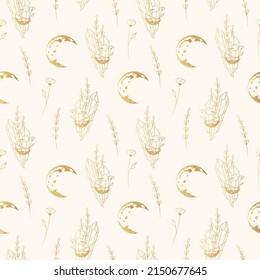 Cristales celestes de luna y estampado floral sin fisuras. Ilustración lineal dibujada a mano dorada para envolver papel, textil y fondo.
