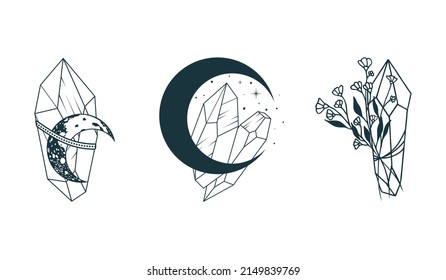 Celestial  moon crystals and flowers isolated set. 3 hand drawn magic vector illustrations for tattoos, t-shirt printing and esoteric design.