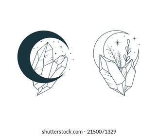 Himmelmond-Kristalle und Blumen einzeln. Zwei handgezeichnete, magische Vektorgrafiken für Tätowierungen, T-Shirt-Druck und esoterisches Design.