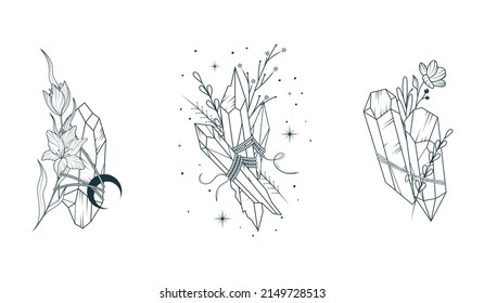 Celestial  moon crystals and flowers set. 3 hand drawn magic vector illustrations for tattoos, t-shirt printing and esoteric design.