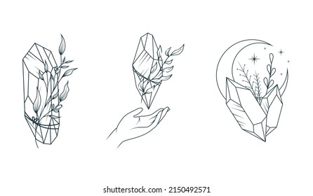 Himmelsmond-Kristalle und Blumen-Set. 3 handgezeichnete magische Vektorgrafiken für Tätowierungen, T-Shirt-Druck und esoterisches Design.