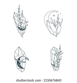 Celestial  moon crystals and flowers set. 4 hand drawn magic elements for tattoos, t-shirt printing and esoteric design.