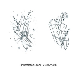 Celestial  moon crystals and flowers set. Two hand drawn magic vector illustrations for tattoos, t-shirt printing and esoteric design.