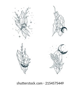 Celestial  moon crystals and flowers set. 4 hand drawn magic elements for tattoos, t-shirt printing and esoteric design.