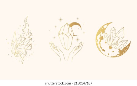Celestial moon crystals.  Golden isolated set of three mystical vector illustrations in boho style.