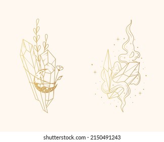 Cristales celestes de luna.  Conjunto dorado aislado de dos ilustraciones místicas vectoriales en estilo boho.
