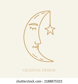 Luna Celestial con ilustración dibujada a mano en la cara. Icono místico de la Astrología de la Luna Boho. Dibujo de estilo vintage de Vector Sketch. Símbolo de astrología y brujería.