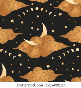 Celestial moon golden seamless pattern. Gold magic alchemy background, astrology art. Vector illustration