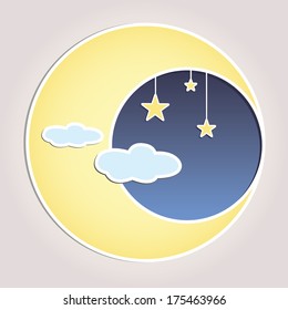 Celestial Moon with Hanging Stars and Clouds