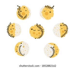 Celestial moon icon set. Moom phase cartoon astronomy design. Perfect for kids apparel, children print and logo design.