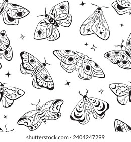 Celestial moon night moths, seamless pattern, background. Esoteric butterflies, boho line illustrations, vector drawings