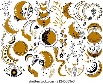 Celestial Moon phase. Mystical heavenly moon, mystic eyes, crystal, leaf, floral moon. Bohemian Witchcraft moon. Astronomy, Mysterious Lunar set. Big Boho style collection. Vector illustration.