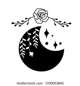 Celestial moon with rosehipp and florals. Linocut black and white line art graphic vector illustration. 
