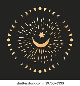 Celestial moon sacred astrology black card. Boho moonlight esoteric art star magic golden vector art.