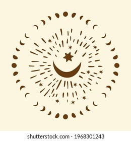 Celestial moon sacred astrology circle vector card. Boho moonlight esoteric art star magic vector.